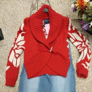 American Eagle Outfitters Red and Cream Cardigan